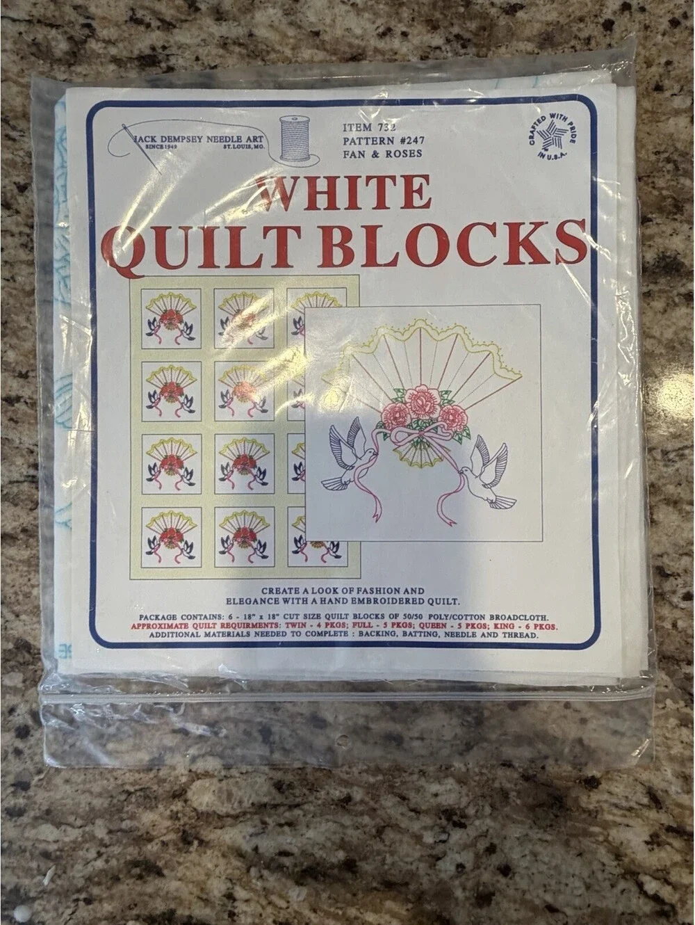 Vtg Rare Jack Dempsey White Quilt Blocks 18” Fan & Roses #247 New